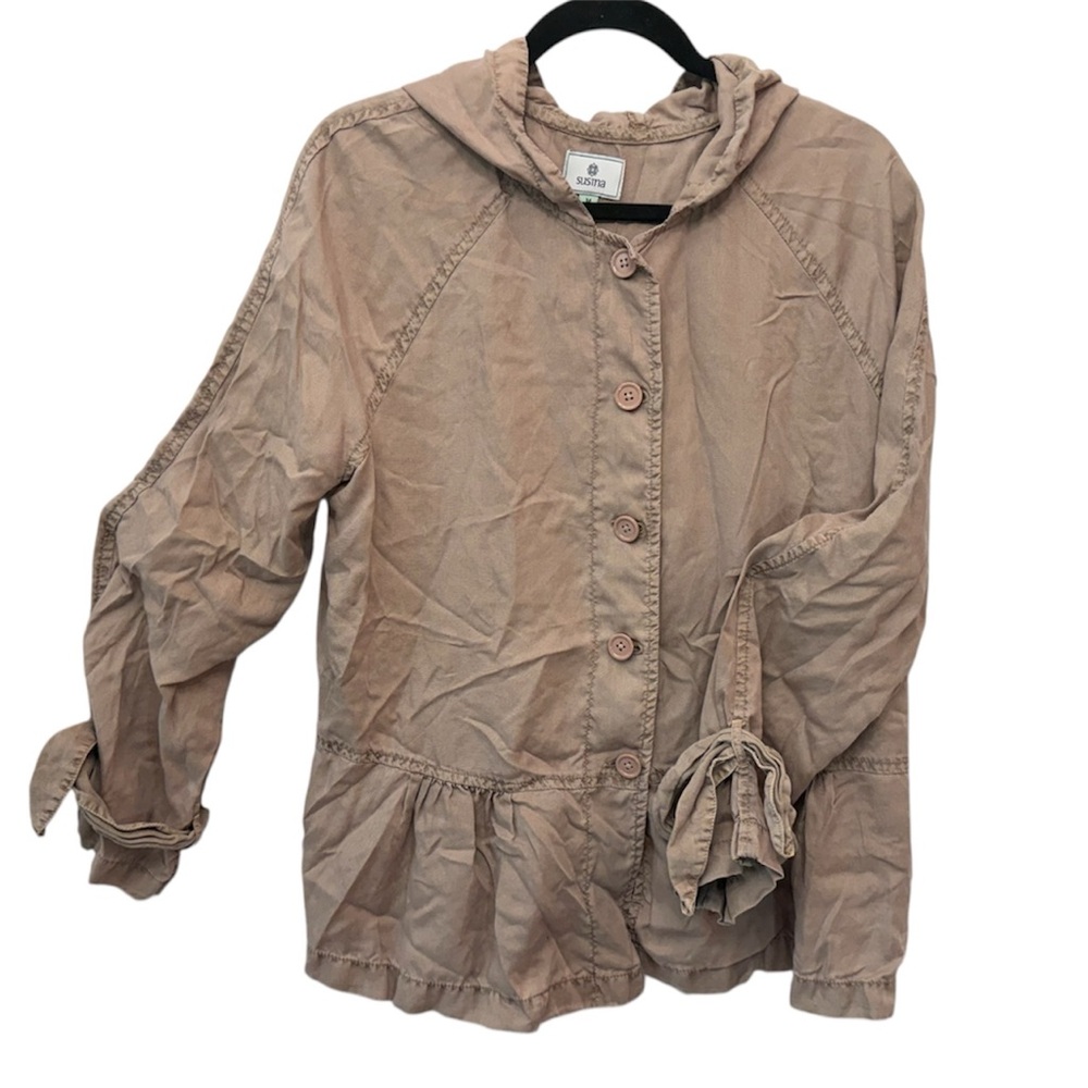 Susina tie sleeve ruffle hooded soft lightweight taupe utility tencel jacket